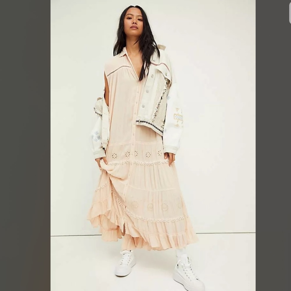 Free People Pretty Cozy Maxi Shirt Dress Pink XS